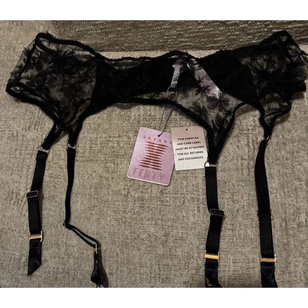 Savage X Fenty Black Mesh Lace Floral Embroidered Garter Belt 3X NWT